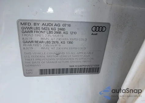 2017 Audi Q5 2.0T Premium z USA, uszkodzony, nr VIN WA1C2AFP0HA021058